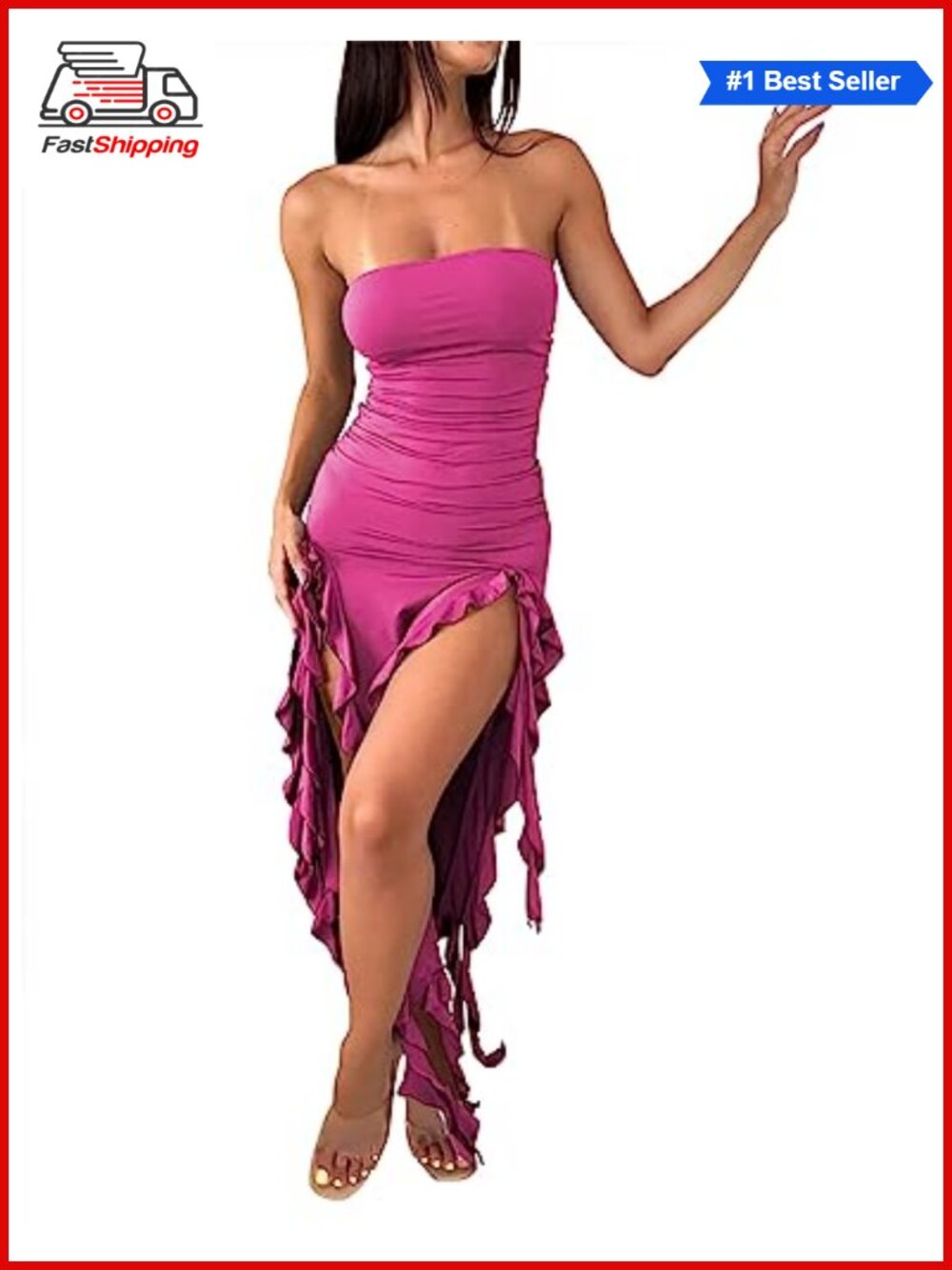 ✨ Strapless Ruffle Bodycon Maxi Dress Tube Top Ruched Split Thigh Club Party